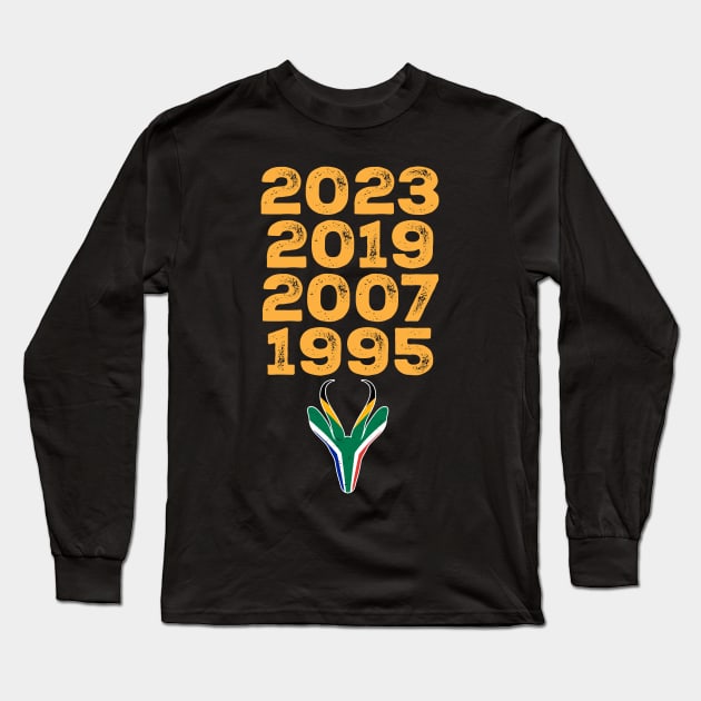 South Africa Four Time World Rugby Champs Vintage T-Shirt | Springbok Head & Flag 2023 2019 2007 1995 | Nou Gaan Ons Braai | Lekker Long Sleeve T-Shirt by BraaiNinja